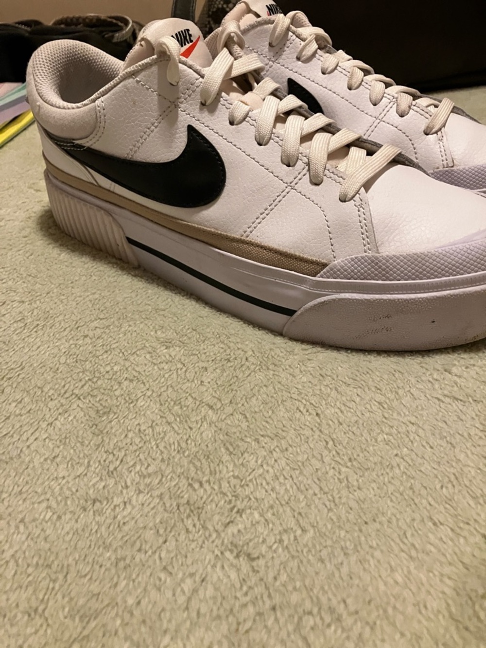 Nike women White Sneakers with Black Swoosh and Beige Trim